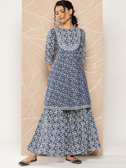 Dhiyona VA Women'sEthnic Motifs Printed Pleated Gotta Patti Pure Cotton Kurti With Sharara