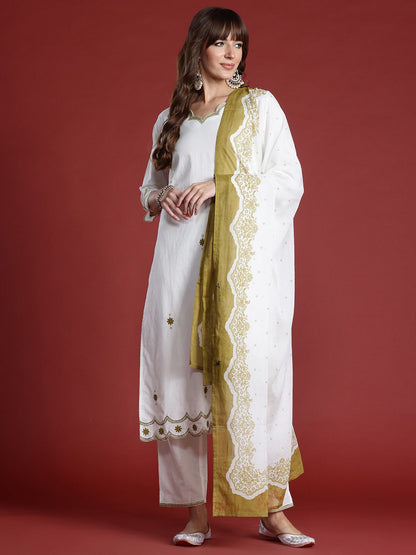 Floral Embroidered Sequinned Pure Cotton Kurta with Trousers & Dupatta