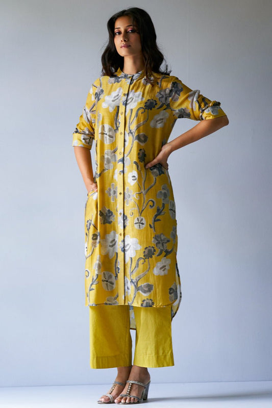 Women's Ceylon Yellow and Grey Bemberg Silk Printed Co-ord Set