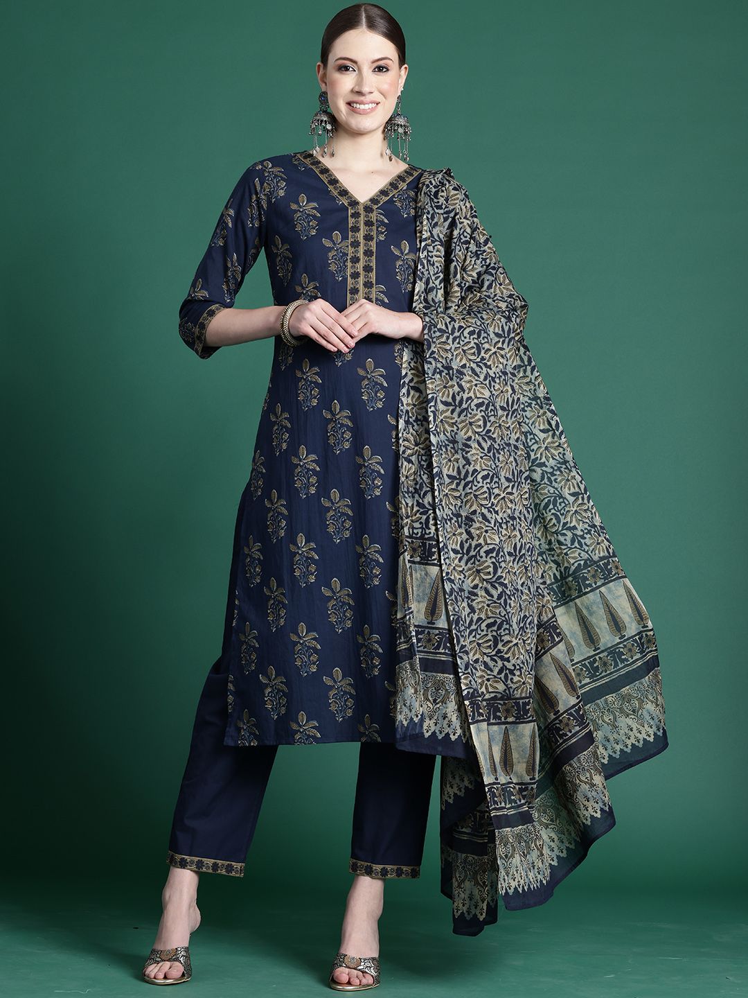 Dhiyona IE Floral Printed Pure Cotton Kurta With Trousers & Dupatta
