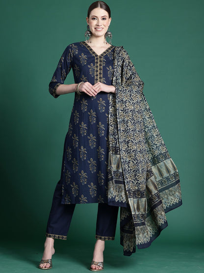 Dhiyona IE Floral Printed Pure Cotton Kurta With Trousers & Dupatta