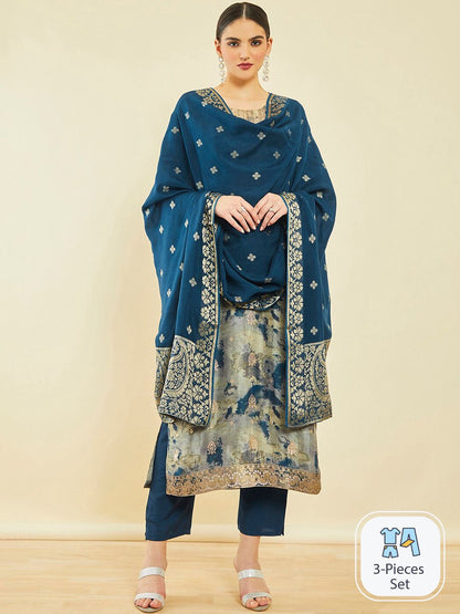 Dhiyona SO Women's Printed Beads And Stones Kurta With Trousers & Dupatta