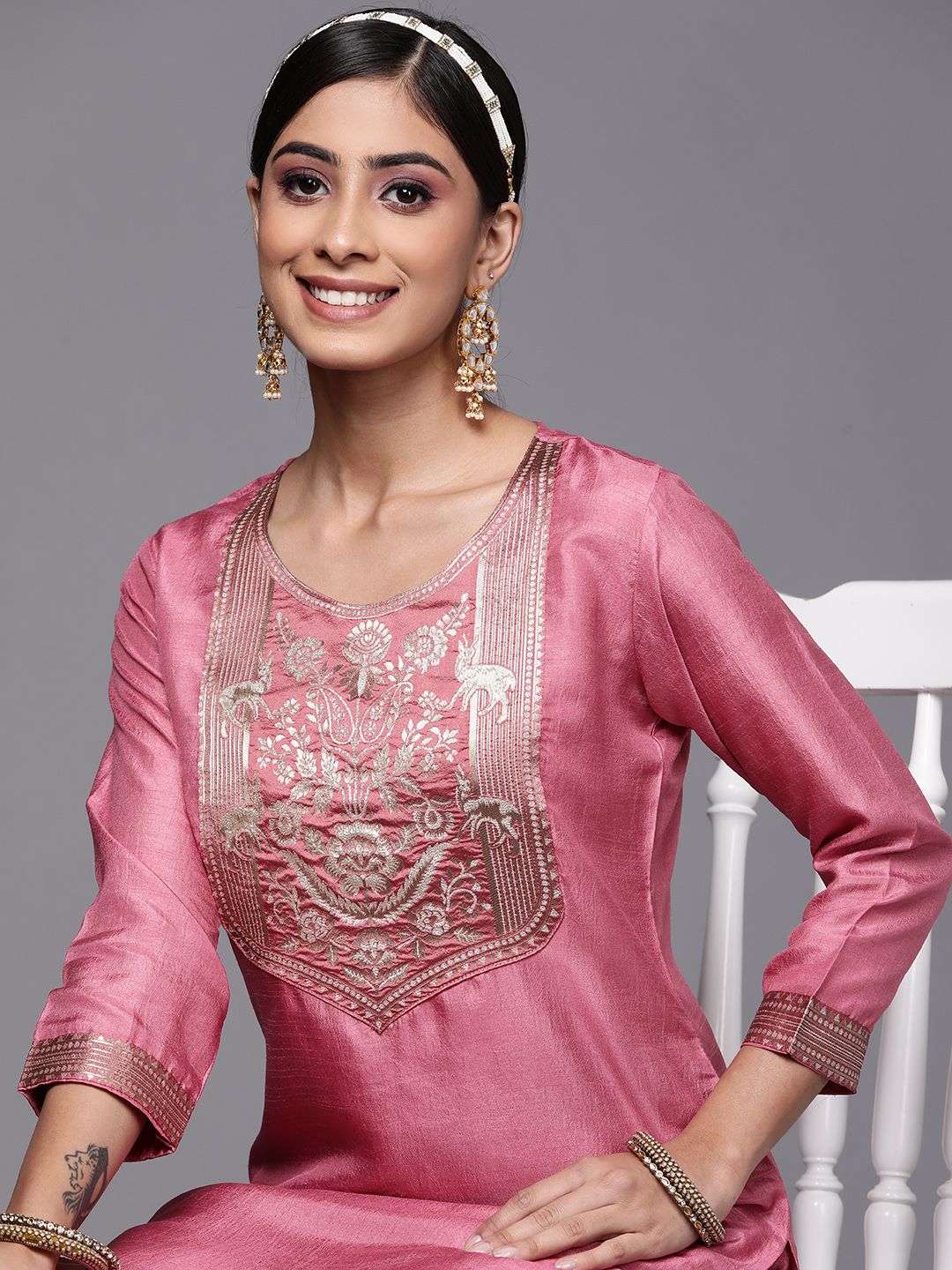 Women Pink Ethnic Motifs Yoke Design Kurta with Palazzos