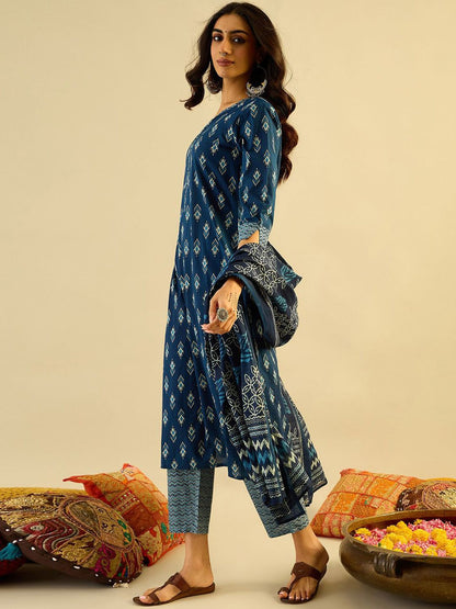Dhiyona IE Teal blue Ethnic Motifs Printed Pure Cotton Kurta with Trouser & Dupatta