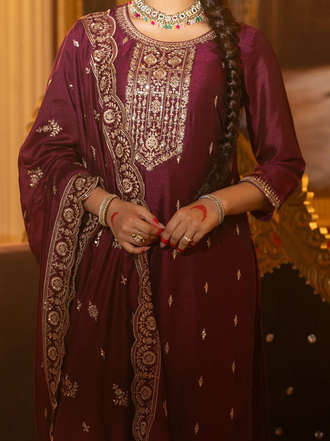 Embroidered Gotta Patti Work Round Neck Kurta With Trousers & Dupatta