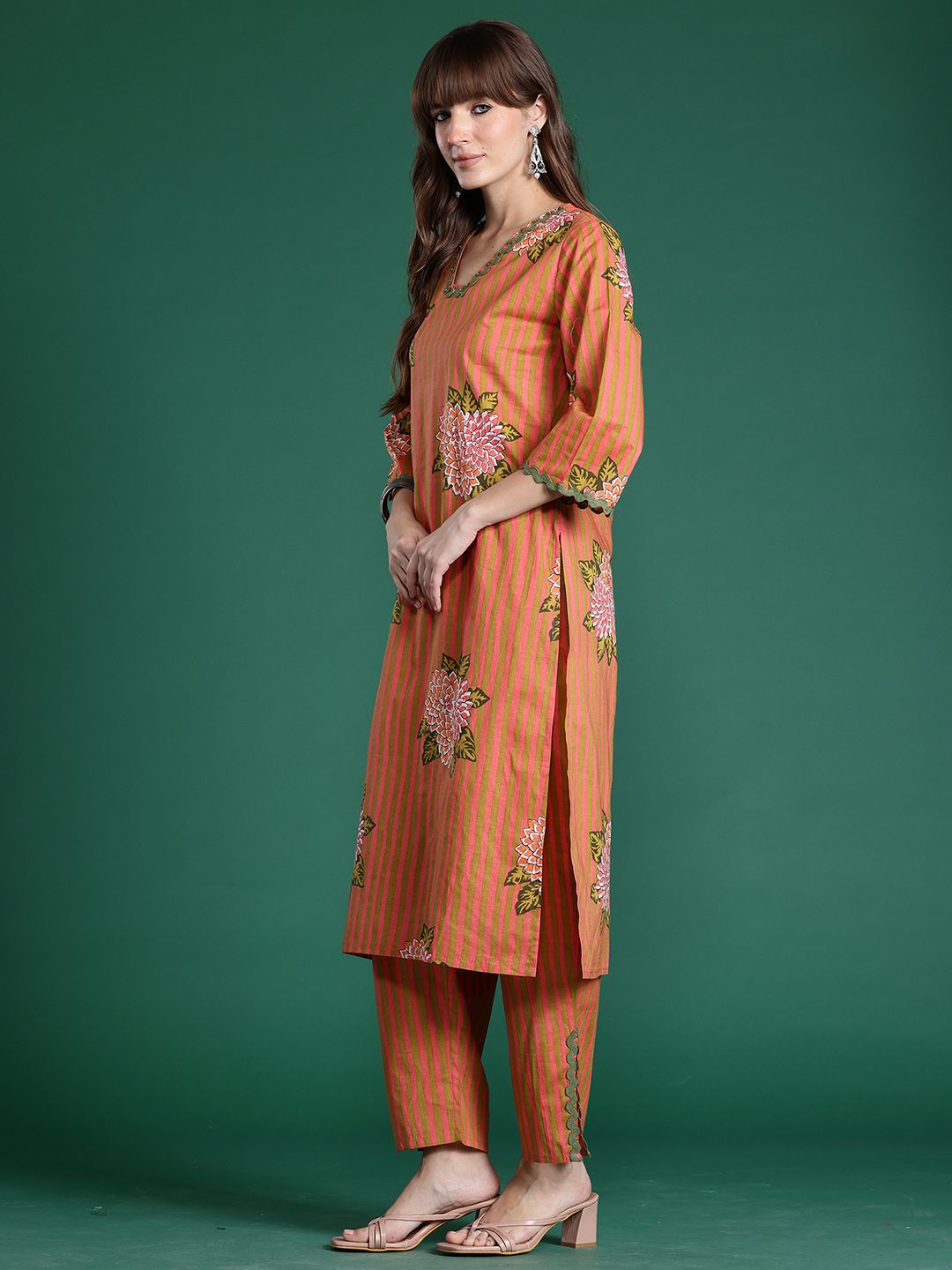 Striped Beads & Stones Pure Cotton Kurta With Trousers & Dupatta