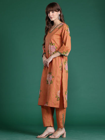 Striped Beads & Stones Pure Cotton Kurta With Trousers & Dupatta