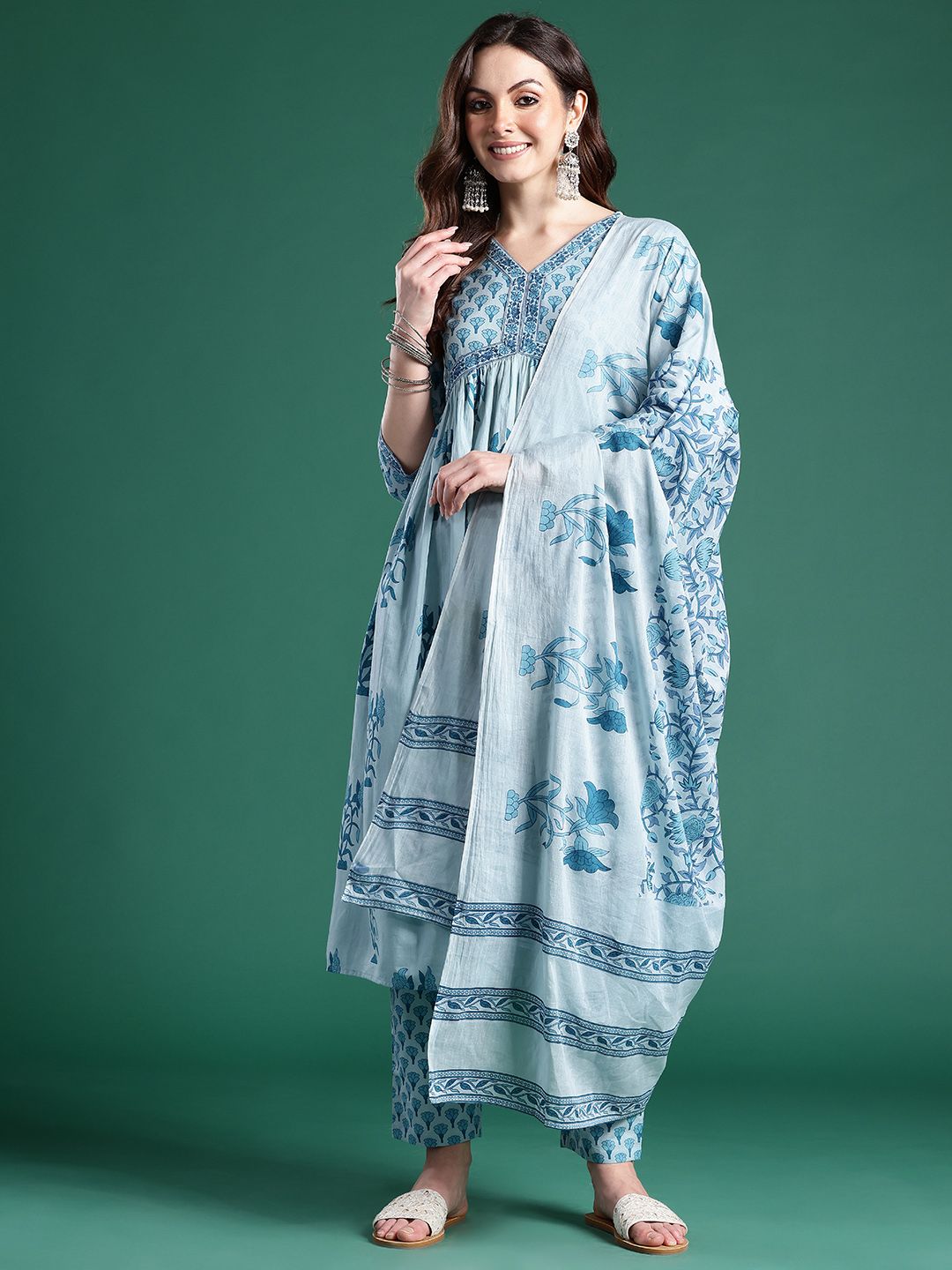 Floral Printed Empire Pure Cotton Kurta with Trousers & Dupatta