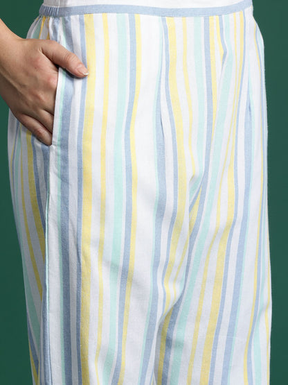 Dhiyona IE Striped Thread Work Pure Cotton Kurta with Trousers