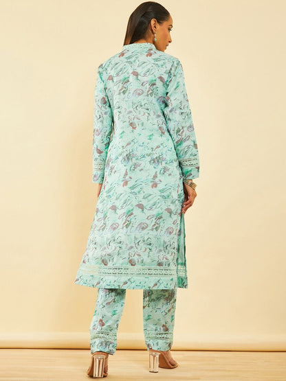 Dhiyona SO Women's Floral Printed V-Neck Beads and Stones Straight Kurta with Trousers