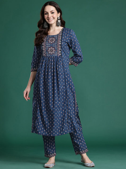 Dhiyona IE Ethnic Motifs Printed Panelled Beads & Stones Pure Cotton Kurta with Trousers