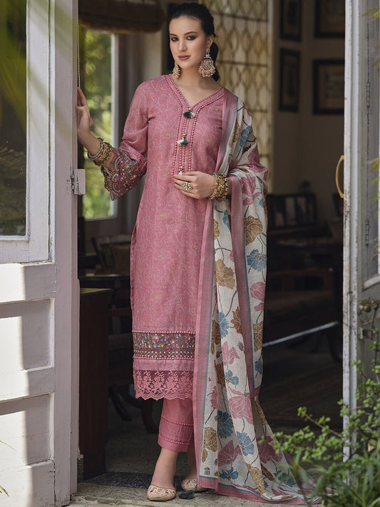 Dhiyona IE Floral Printed Thread Work Linen Kurta Set