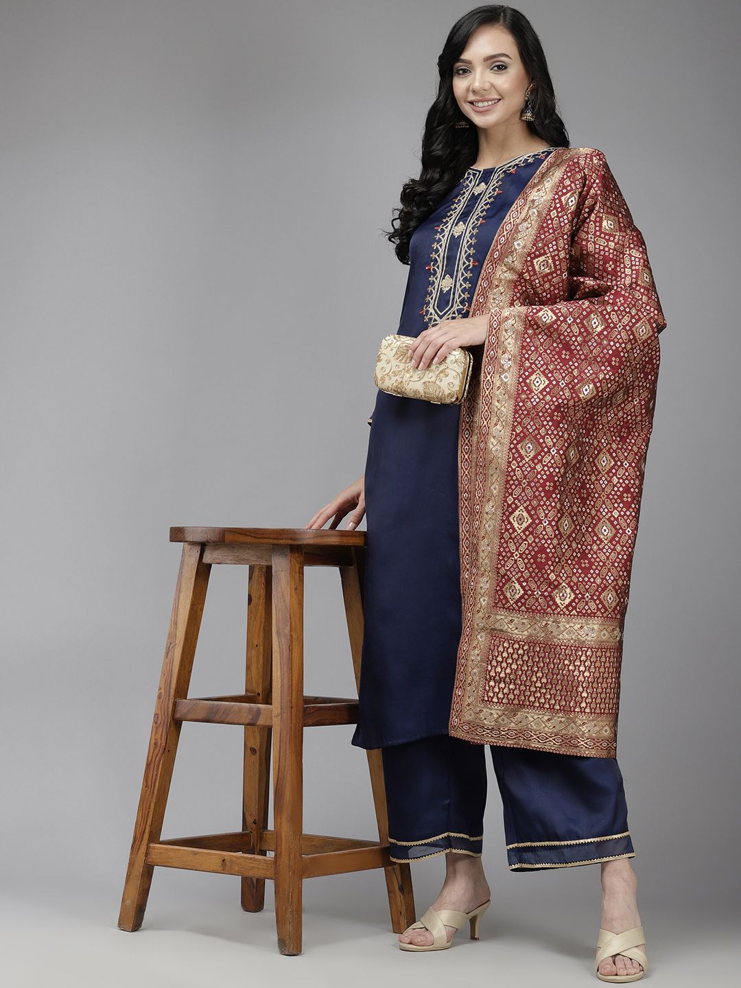 Women Navy Blue Yoke Embroidered Kurta with Palazzos & Dupatta