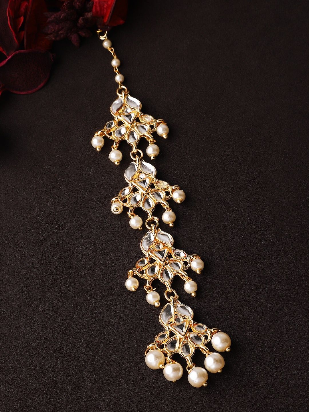 Dhiyona RJ Women's Women Gold-Plated Handcrafted Pearl Embellished Maang Tikka