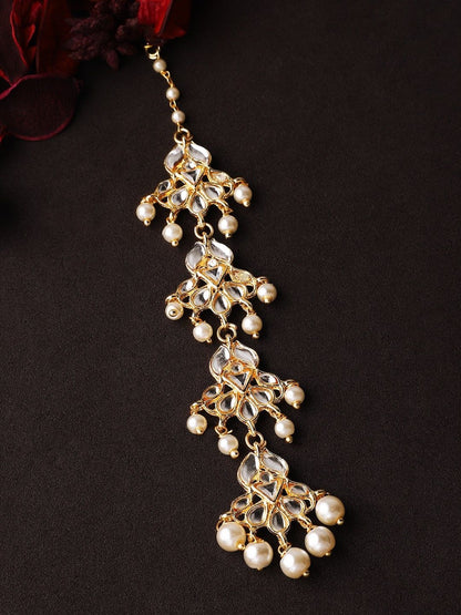 Dhiyona RJ Women's Women Gold-Plated Handcrafted Pearl Embellished Maang Tikka