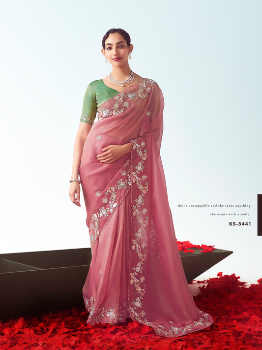 Dhiyona KM Women Dusty Rose Organza Silk Saree