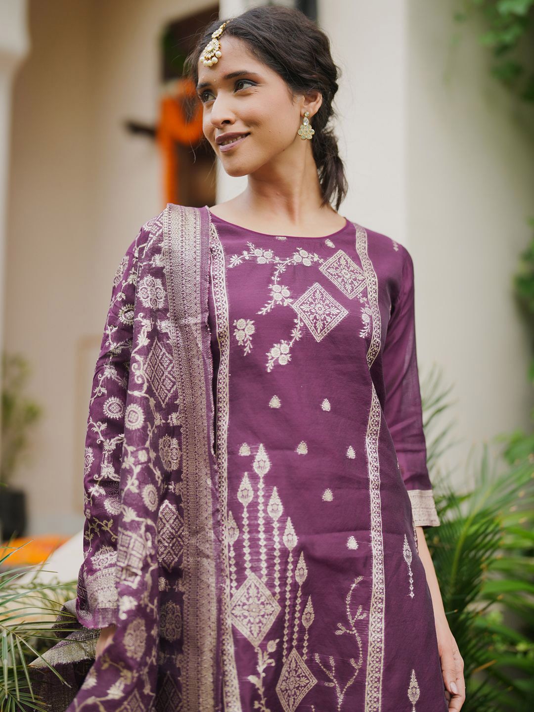 Women Woven Design Regular Kurta with Trousers & With Dupatta