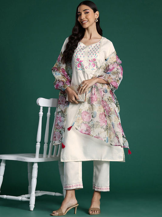 Dhiyona IE Yoke Design Zari Pure Cotton Kurta With Trousers & Dupatta