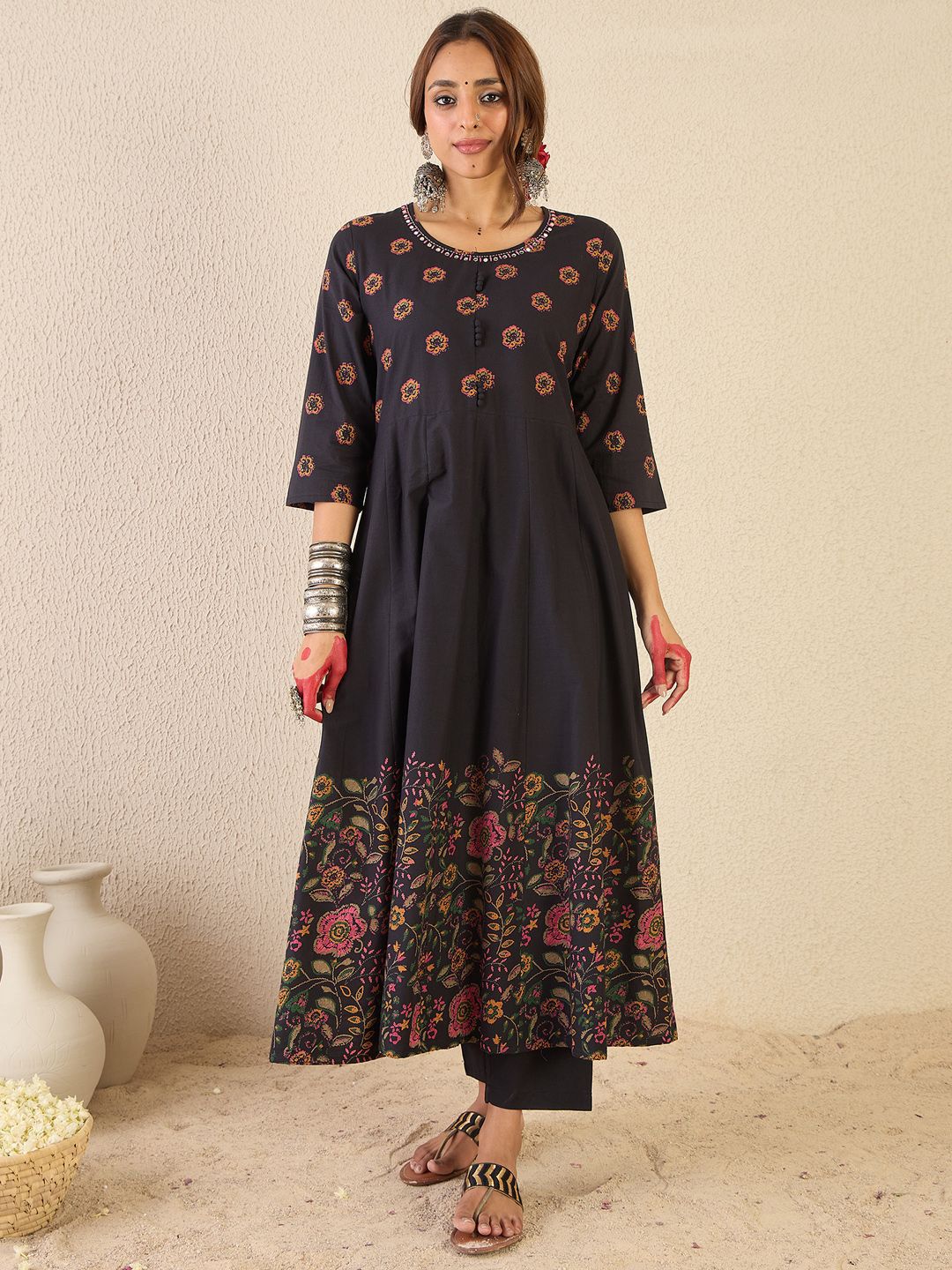 Floral Printed Round Neck Anarkali Pure Cotton Kurta With Trousers & With Dupatta