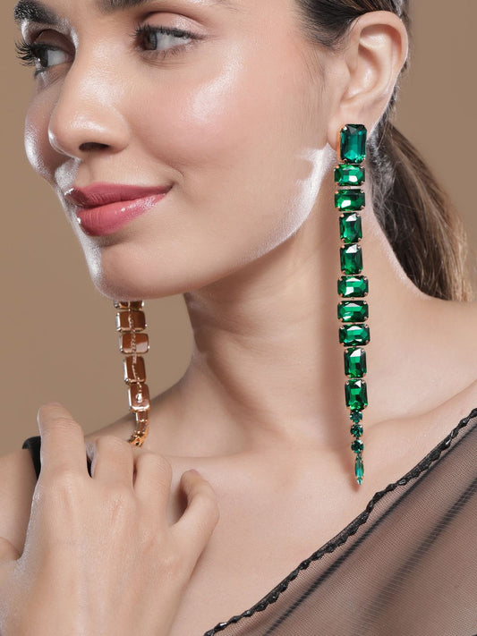 Dhiyona RJ Women's 18KT Gold Plated Emerald Studded Glamorous Shoulder Duster Drop Earrings