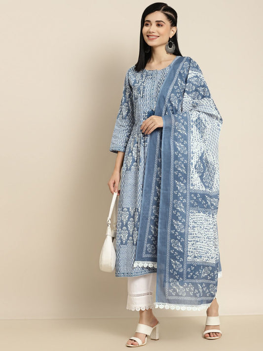 Dhiyona RR Women's Blue Printed Sequinned Pure Cotton Kurta with Trousers & With Dupatta