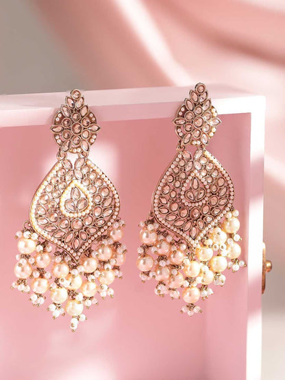 Dhiyona RJ Women's 18K Gold-Plated Kundan & Glosssy Off-White Pearl Beaded Chandelier Earrings