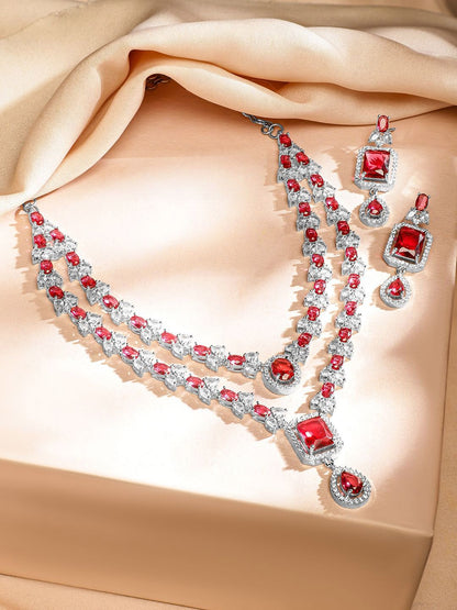 Dhiyona RJ Women's Rhodium-Plated Ruby Red & White Cubic Zirconia Studded Luxe Layered Necklace Set