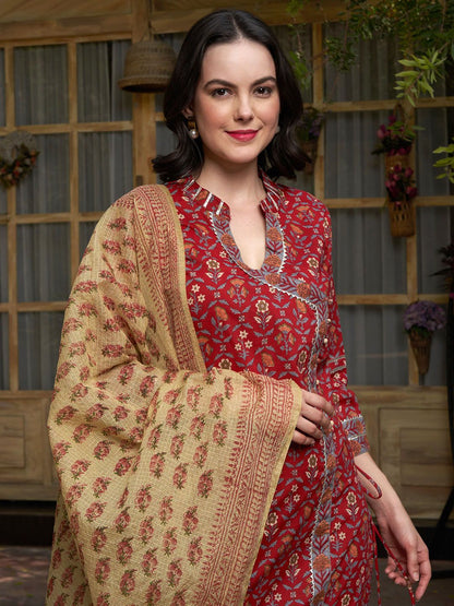 Dhiyona SN Women's Maroon Floral Printed Angrakha Pure Cotton Kurta with Trousers & Dupatta