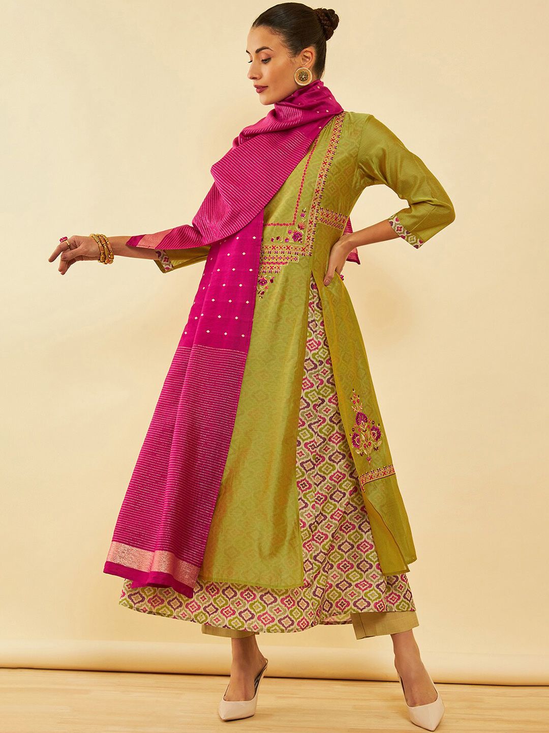 Dhiyona SO Women's Olive Floral Embroidered Thread Work Layered A-Line Kurta With Trousers & Dupatta