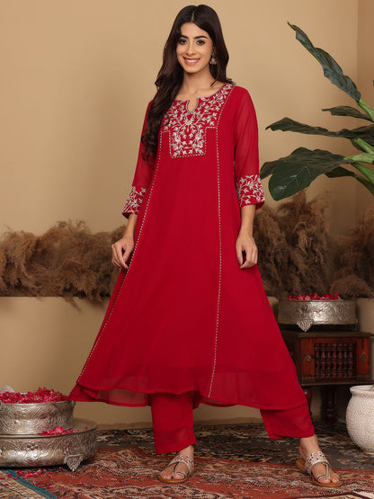 Dhiyona VA Women's Floral Embroidered Silk Georgette A-Line Kurta with Trousers & Dupatta