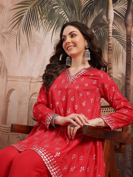 Dhiyona SN Women's Ethnic Motifs Printed with Foil Technique Regular Kurta with Trousers