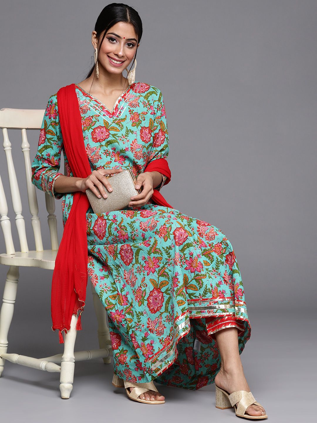 Dhiyona VA Women's Blue & Pink Kalamkari Printed Anarkali Kurta with Trousers & Dupatta