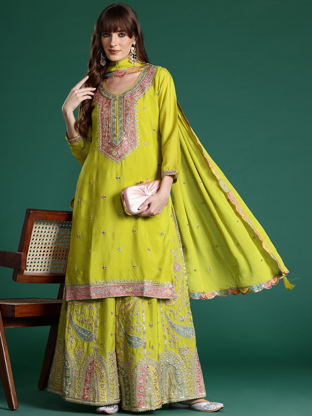 Paisley Embroidered Sequinned Kurta with Palazzos & With Dupatta