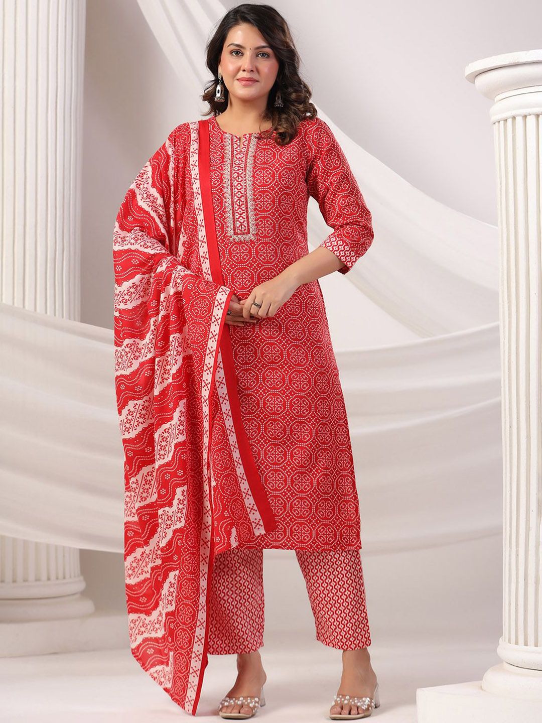 Bandhani Printed Notch Neck Pure Cotton Kurta With Trousers & Dupatta