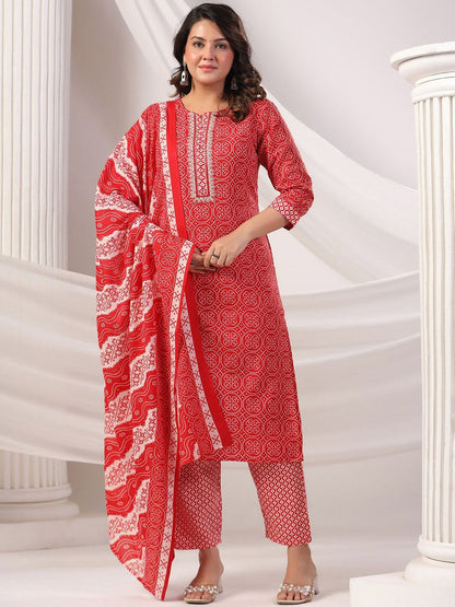 Bandhani Printed Notch Neck Pure Cotton Kurta With Trousers & Dupatta