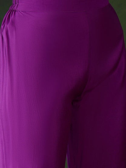 Dhiyona SN Women's Purple Floral Embroidered Mirror Work A-Line Kurta With Trouser And Dupatta