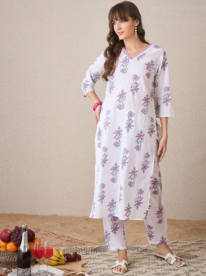 Dhiyona IE Printed V-Neck Pure Cotton Tunic With Trouser
