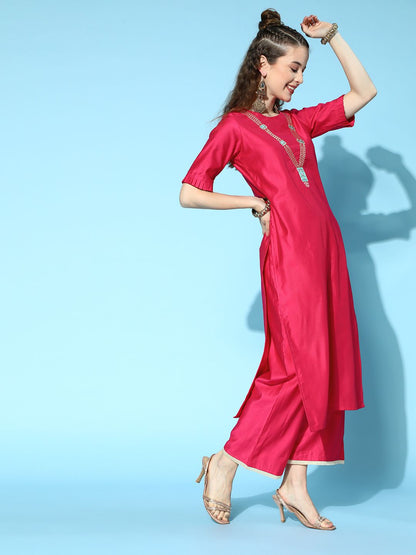 Dhiyona IE Women Pink Yoke Design Liva Kurta with Palazzos & Dupatta