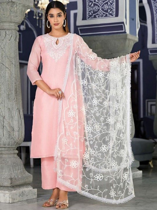 Dhiyona VA Women'sFloral Thread Zari Embroidered Straight Kurta & Trousers With Dupatta
