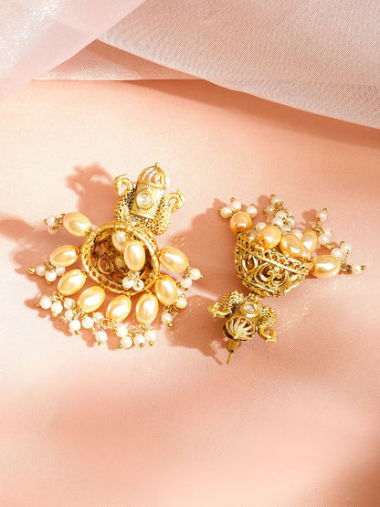 Dhiyona RJ Women's 22K Gold-Plated Dome Shaped White Pearl Beaded Jhumka Earrings