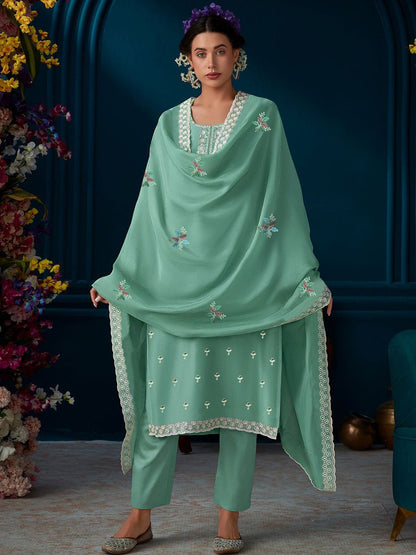 Ethnic Motifs Embroidered Straight Kurta With Trouser & Dupatta