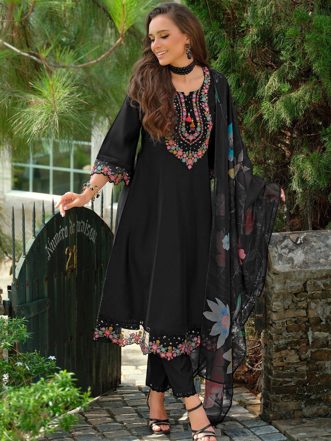 Floral Embroidered Tieup Neck Liva A-Line Kurta With Trousers & Dupatta