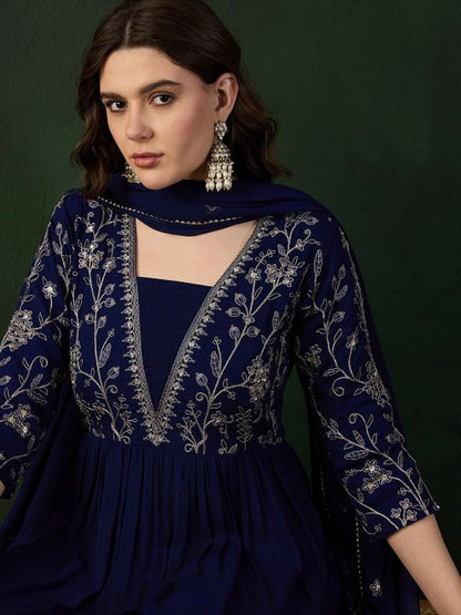 Women's Navy Blue Ethnic Motifs Embroidered A-Line Kurta With Trouser & Dupatta