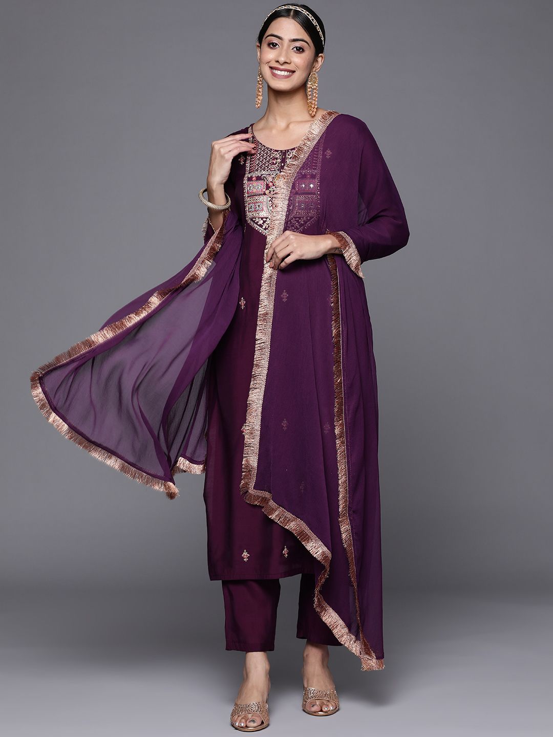 Dhiyona VA Women's Aubergine & Gold Ethnic Embroidered Straight Kurta with Trousers Dupatta