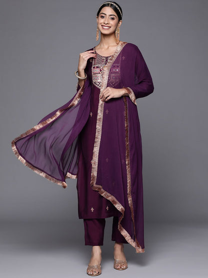 Dhiyona VA Women's Aubergine & Gold Ethnic Embroidered Straight Kurta with Trousers Dupatta