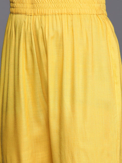 Dhiyona VA Women's Yellow Yoke Design Mirror Work Kurta with Trousers & Dupatta
