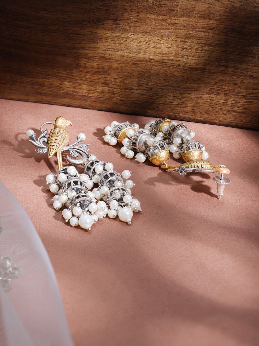 Dhiyona RJ Women's Women Oxidised Rhodium Plated White Pearls with Birds Multi Jhumka Earrings