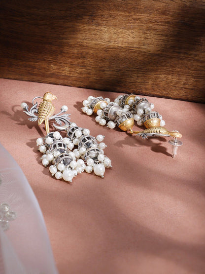 Dhiyona RJ Women's Women Oxidised Rhodium Plated White Pearls with Birds Multi Jhumka Earrings