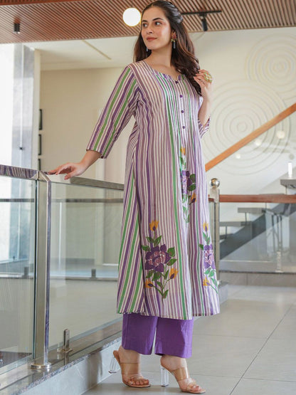Floral Printed Notch Neck A Line Pure Cotton Kurta With Trousers