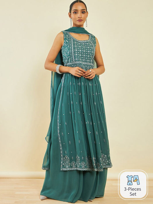 Dhiyona SO Women's Floral Embroidered Beads And Stones A-line Kurta With Palazzos & Dupatta